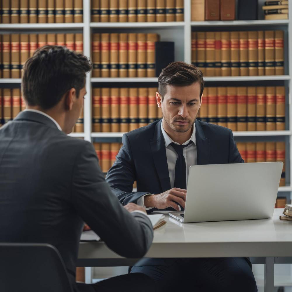 Two lawyers reviewing laptop in law office