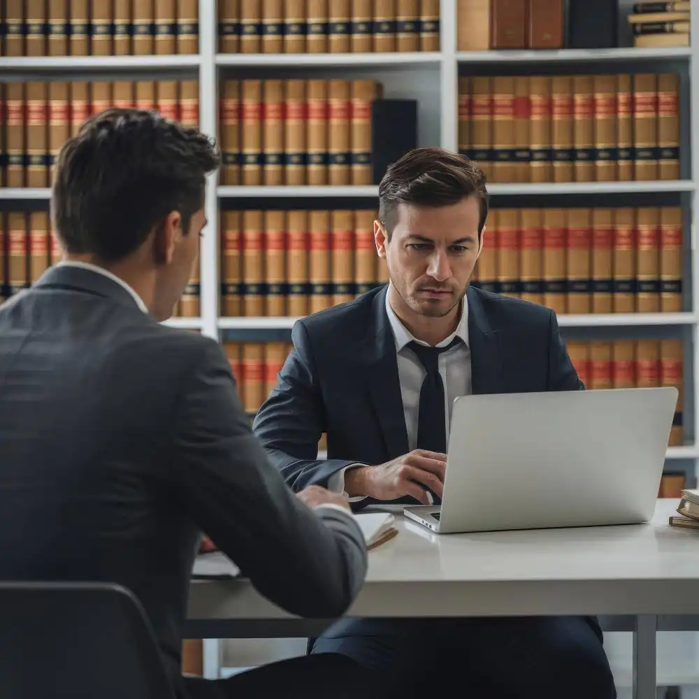 Two lawyers reviewing laptop in law office