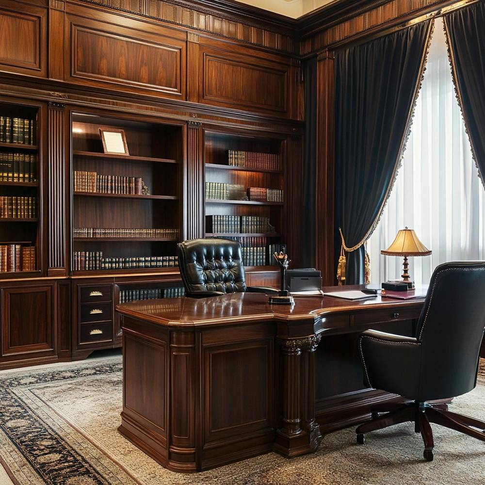 Elegant executive office with wooden desk and bookshelves